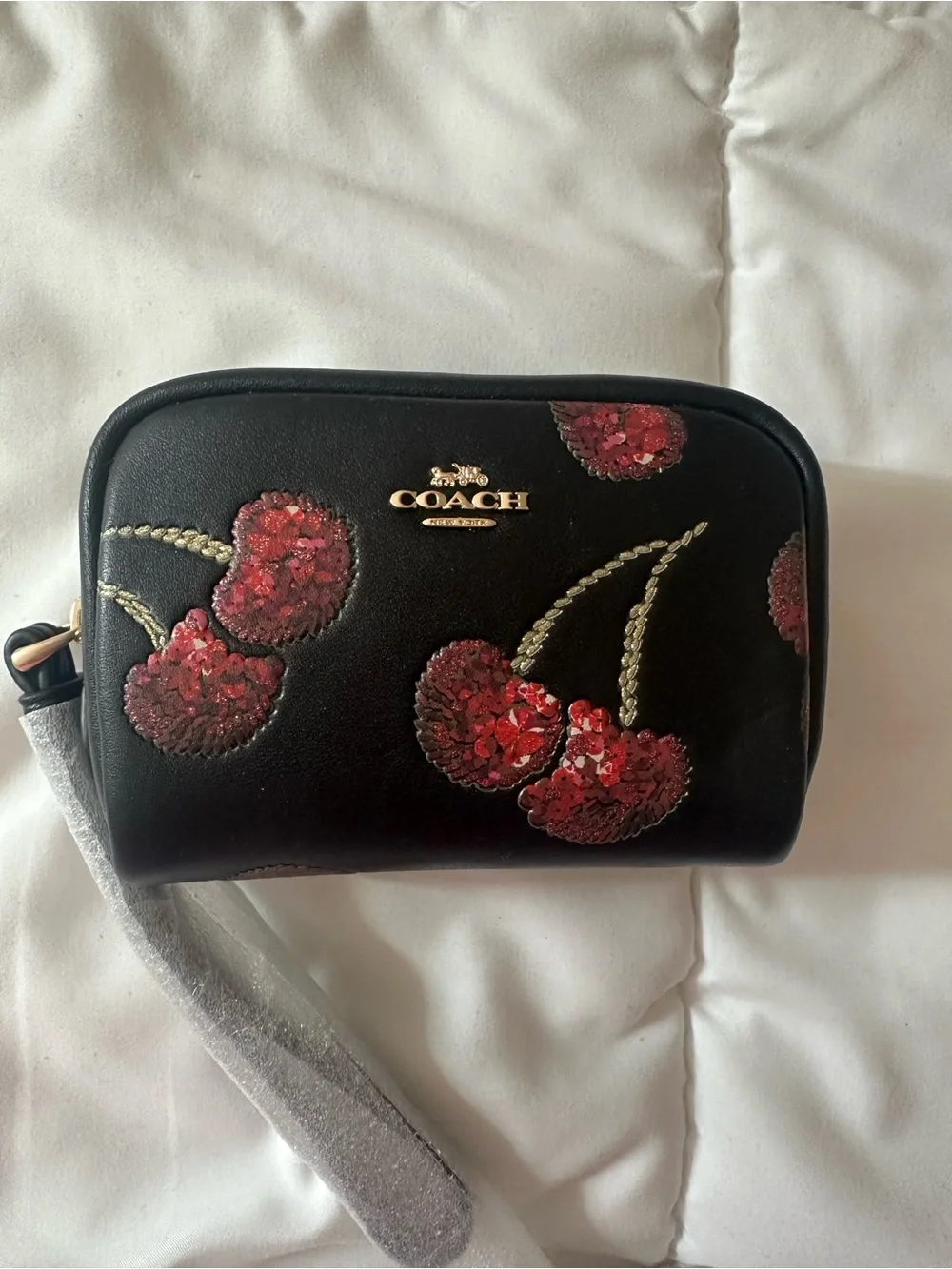 COACH Black Leather Wristlet with Red Sequin cherries pouch